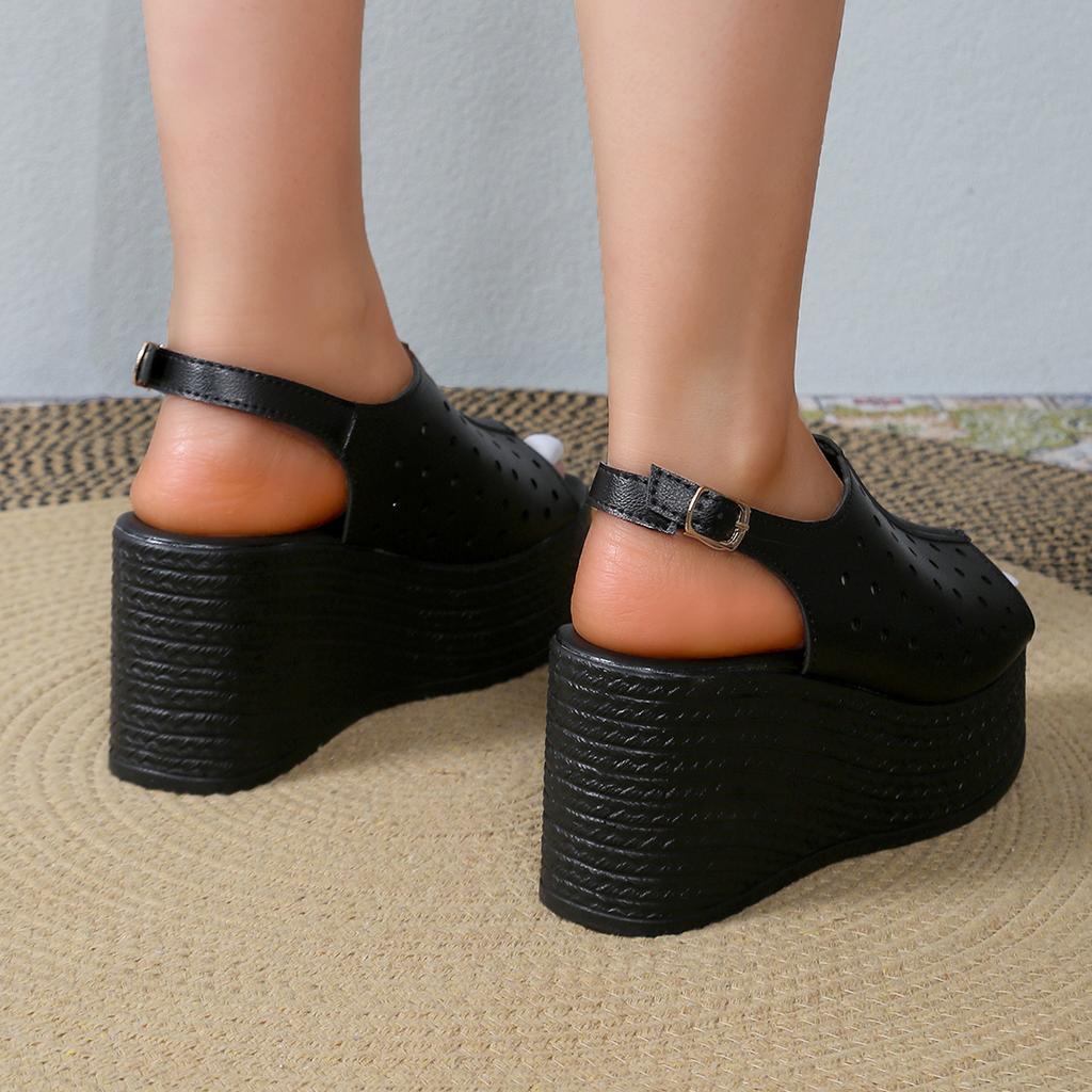 Fashion Aphixta Fashion Woman Black Sandals Side Buckle Peep Toe Women Summer Hollow Shoes Platform Sandal Lady Wedge Shoes Big Size 43