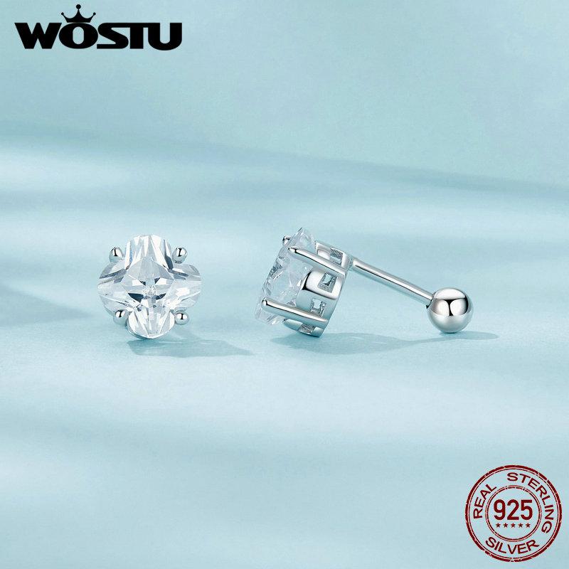 WOSTU 925 Sterling Silver Four-leaf Clover Stud Earrings with Zircon for Women Girl Fine Jewelry Party Daily Date Lucky Gift