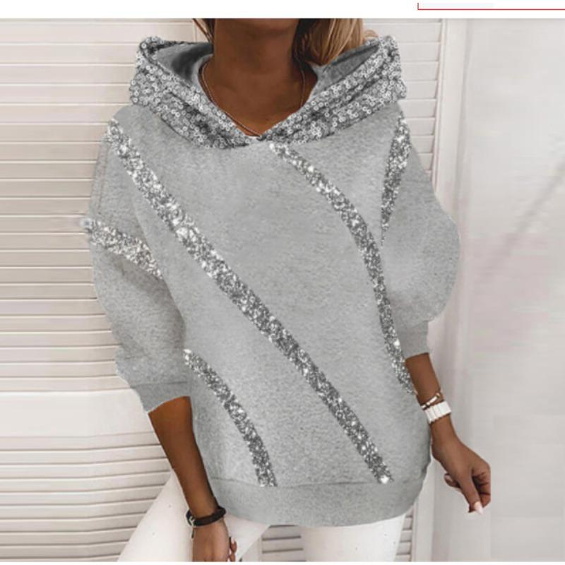 Glitter Printed Loose Hooded Sweatshirt for Women