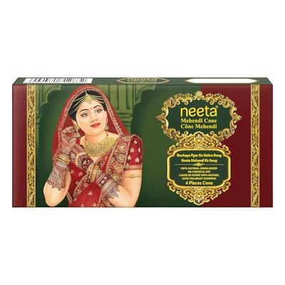 Conos de Henna Neeta para Manos y Diseños Nupciales, Conos de Henna Natural para Arte Corporal de Boda 1 CAJA X 4 PIEZAS Paquete de 4