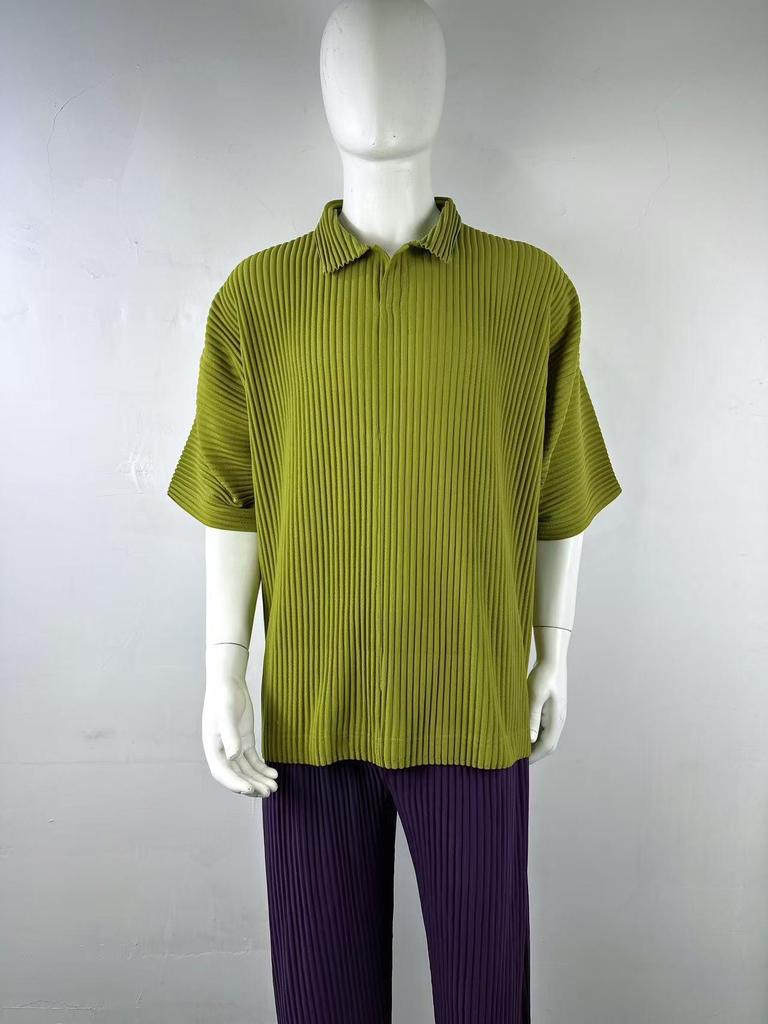 Miyake Men's Loose Fit Pleated Polo Shirt - Summer Breathable Short Sleeve with Turn-Down Collar, Solid Color (JM030)
