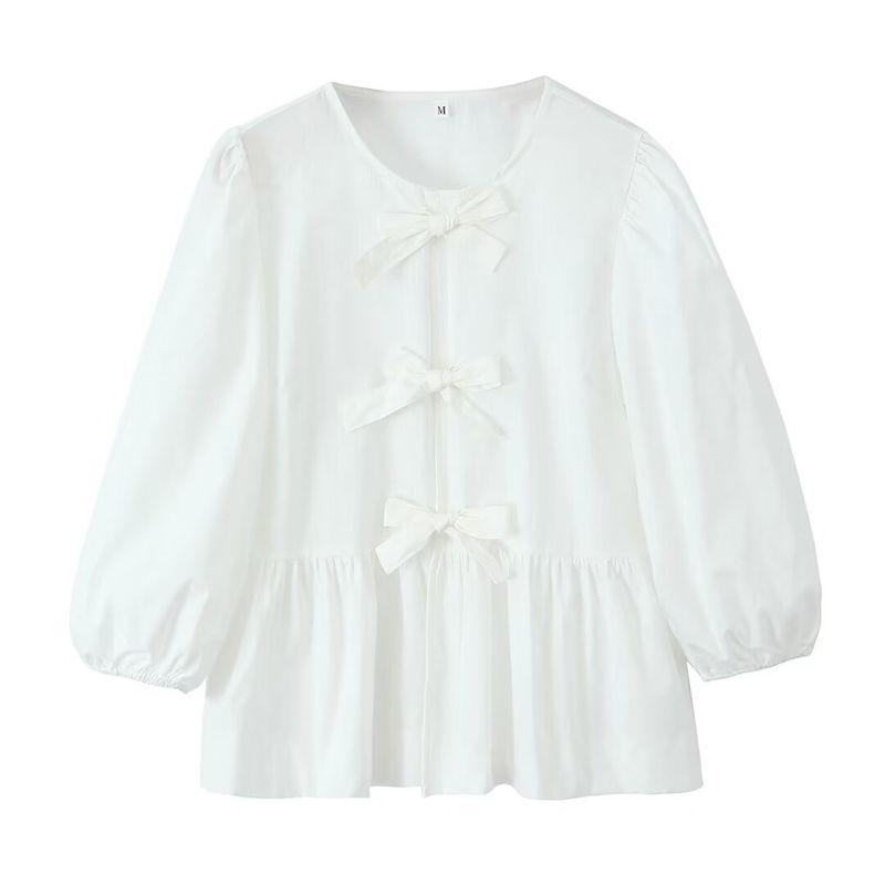 Kaslead New Arrival Women's Clothing Fashion Style Fashion Casual Minimalist Bowknot Long Sleeves Shoelace Small Top