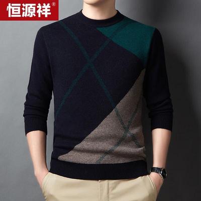 Hengyuanxiang Men's Color Block Round Neck 100% Wool Sweater