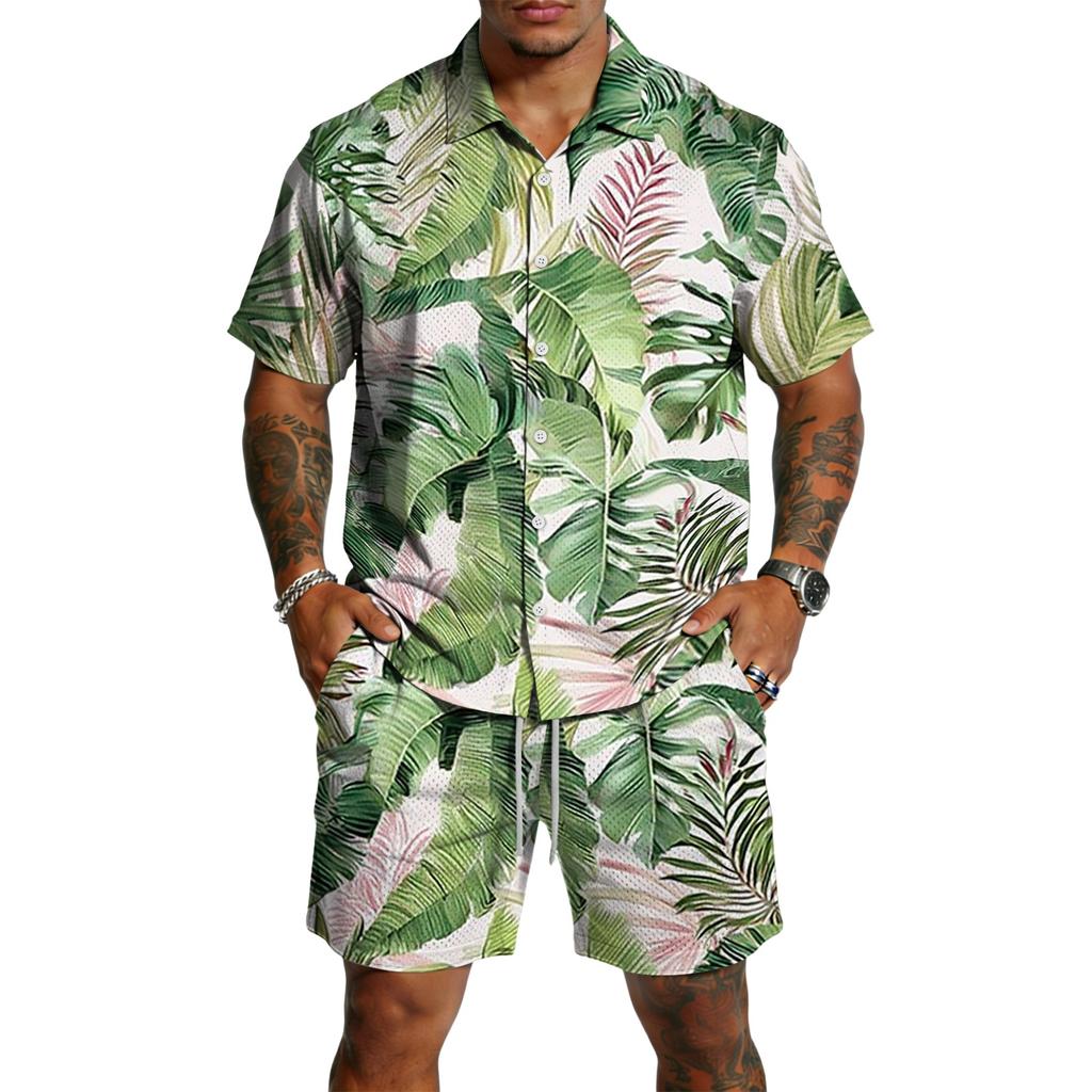 Men's Casual Printed Top and Drawstring Shorts Set Lightweight Breathable Set for Summer