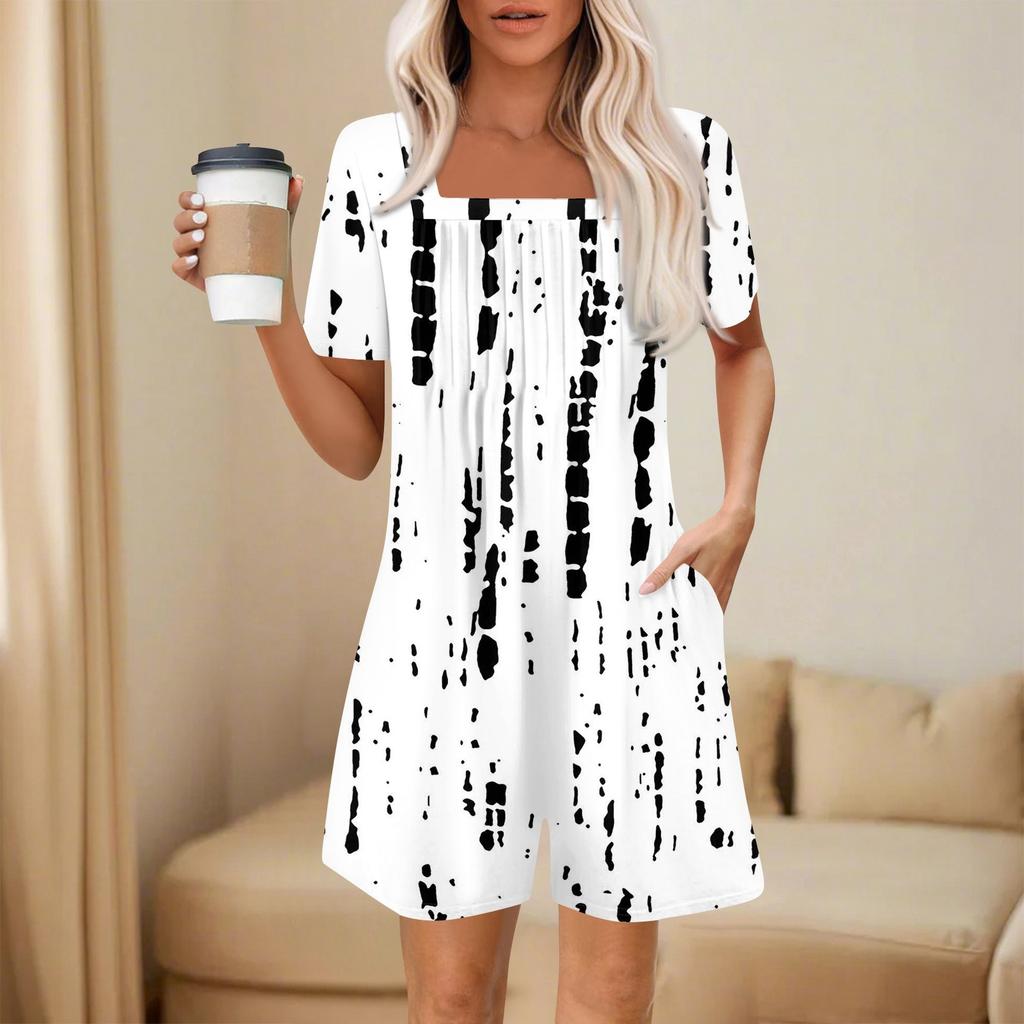 Salopetă de damă la modă și casual cu mânecă scurtă, cu buzunar plisat, salopetă scurtă imprimată