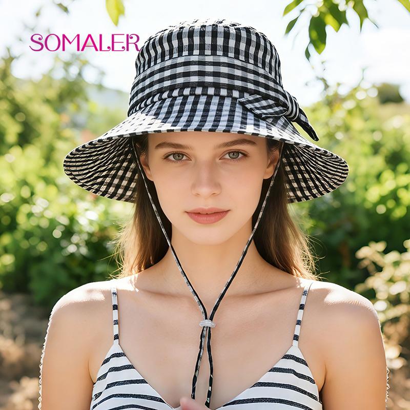 SOMALER Women's Summer Plaid Sun Hat Cotton Beach UV Protection Bucket Hat