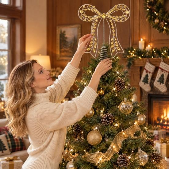 Indoor Festive Window Ornament Iron Bow Christmas Tree Topper, Gold Rhinestone Hollow-Cut Metal Light Luxury Holiday Party Decor with Spiral