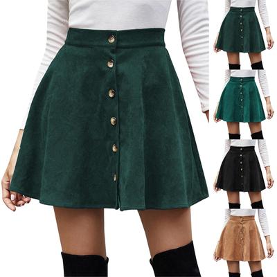 Women's Button Down Casual Fashion Flared A-Line Solid Color Corduroy Button High Waist Skirt