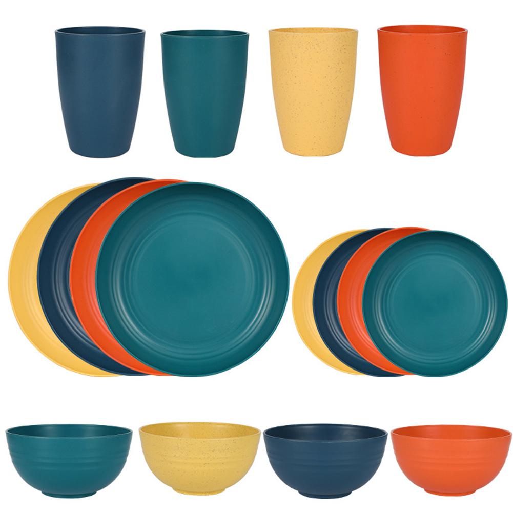 16Pcs Portable Cutlery Set Multi-Purpose Unbreakable Dinnerware Set Wheat Straw Dinnerware Suit Outdoor Tableware Set for People
