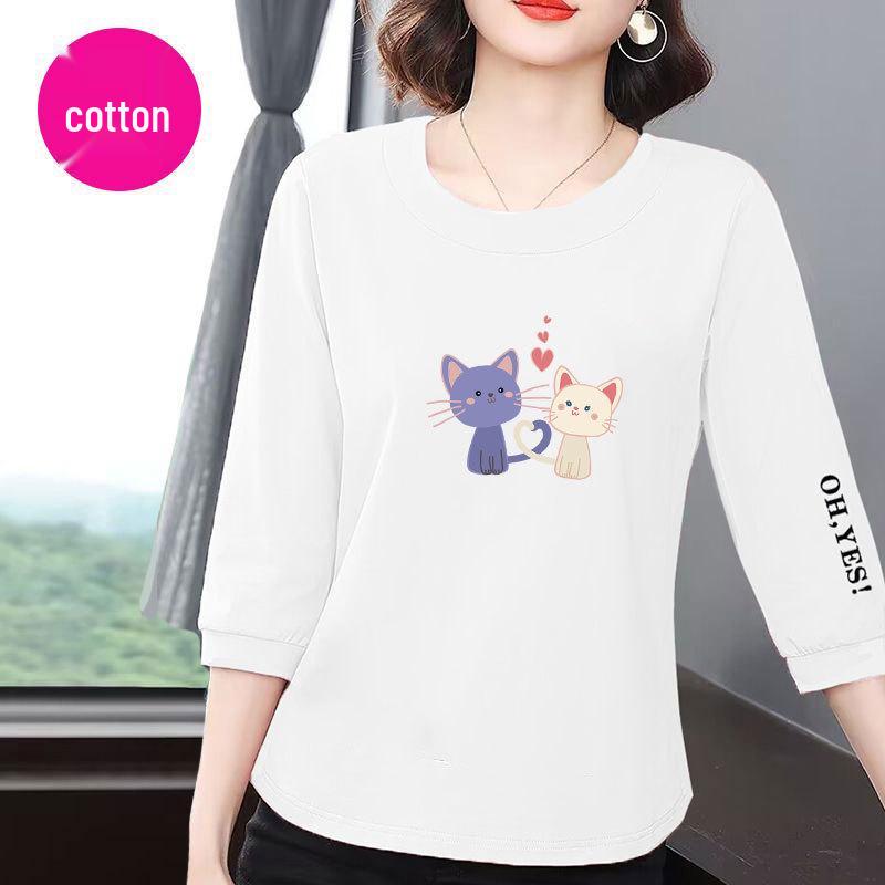 Women's Summer 2025 Korean Style Cotton Seven-Sleeve Casual Loose-Fit Slimming T-Shirt