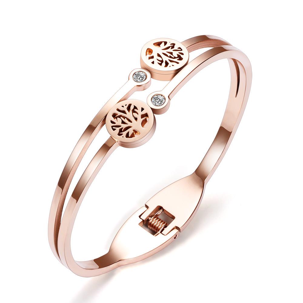 Women s Rose Gold Tree of Life Diamond Inlaid Openable Bracelet, Stainless and Titanium Steel