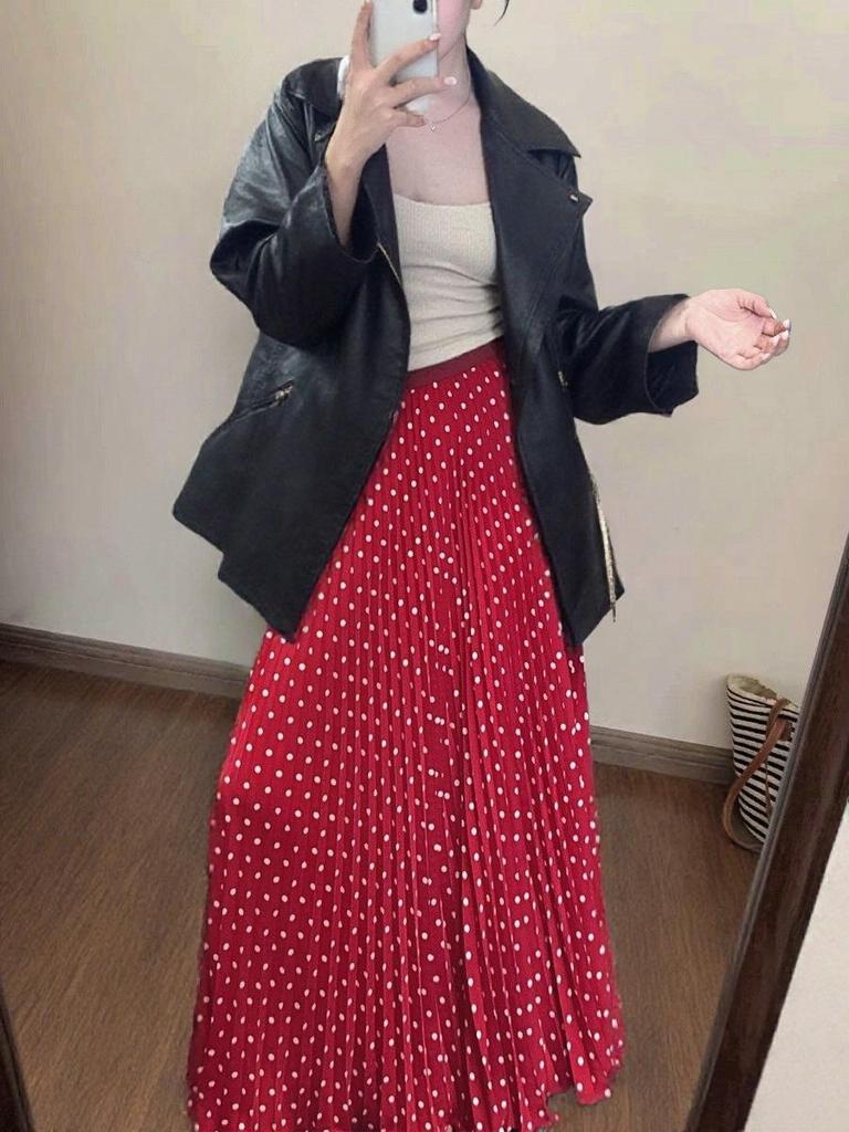 Korean-Japanese Red Polka Dot Chiffon Pleated High-Waist Slimming Long Skirt for Women