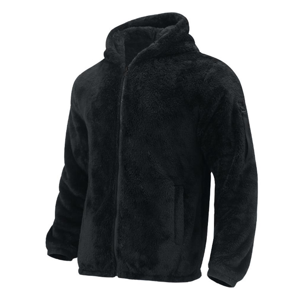 Men's Casual Loose Double-faced Fleece Jacket Solid Color Zipper Hooded Plush Warm Coat