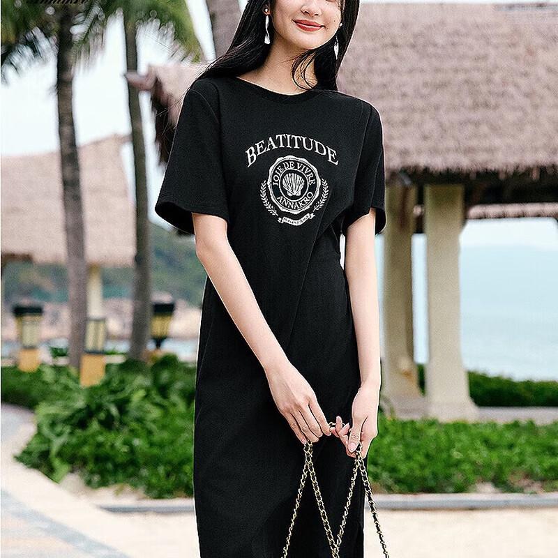 

Jiuzi Annakou 2025 Summer Retro Casual Round Neck Waist-Cinching Dress XL