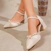 Pearl Block Heel Sandals Fashion Pointed Toe Shallow Mouth One Strap Anti-Slip Wear-Resistant High Heels