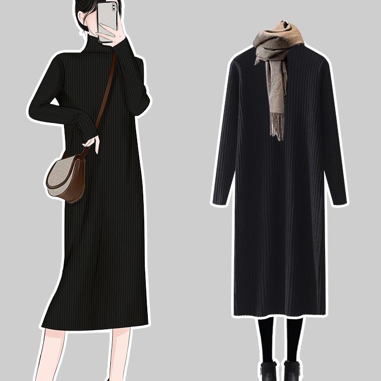 Women's Long-Sleeve Knit Dress for Layering, Mid-Length Over-the-Knee Style