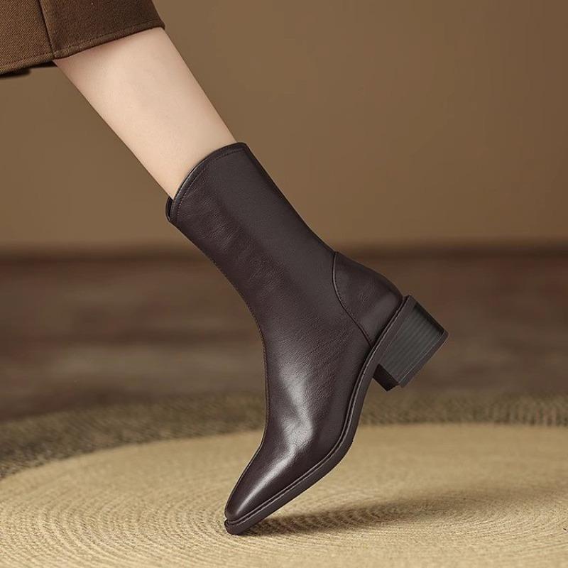 Mid-calf Boots for Women, Square Toe Boots, Soft Leather, Thick Heel, Short Boots, Versatile Shoes