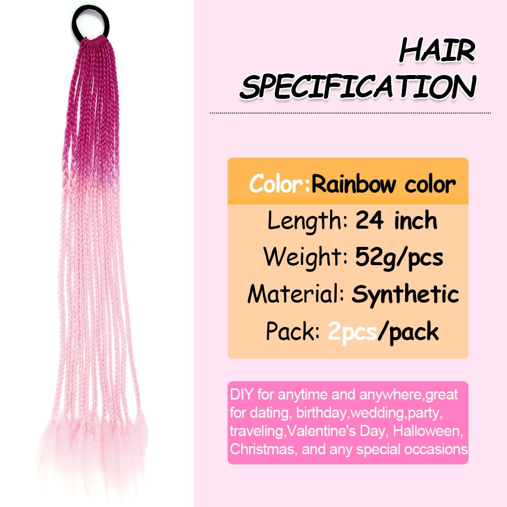Braided Ponytail Hair Extensions 24 Inch Colorful Box Braids with Rubber Bands Synthetic Hairpieces for Girl  Women Accessories Crazy Hair Day