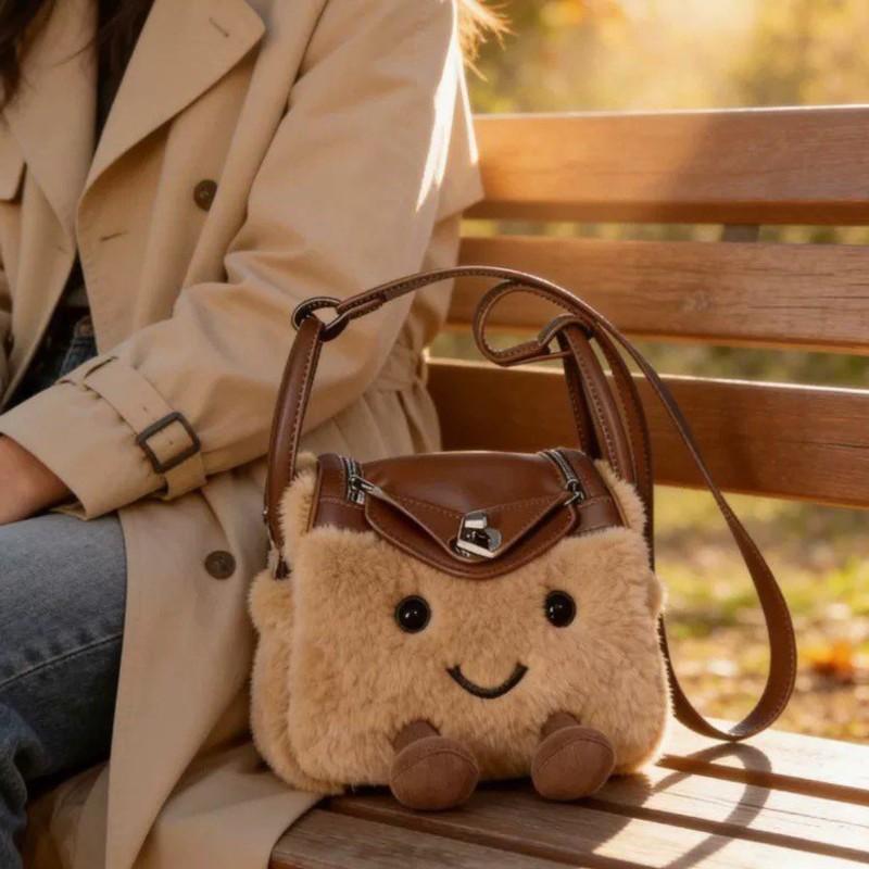 Sladká Roztomilá Plyšová Kabelka Dámská Hnědá Kreslená Velkokapacitní Taška Přes Rameno Dámská Patchworková Crossbody Taška Zimní Novinka
