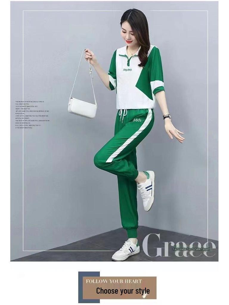 2025 Summer Women's Loose Running Suit - Short Sleeve Stand-up Collar Two-Piece Set