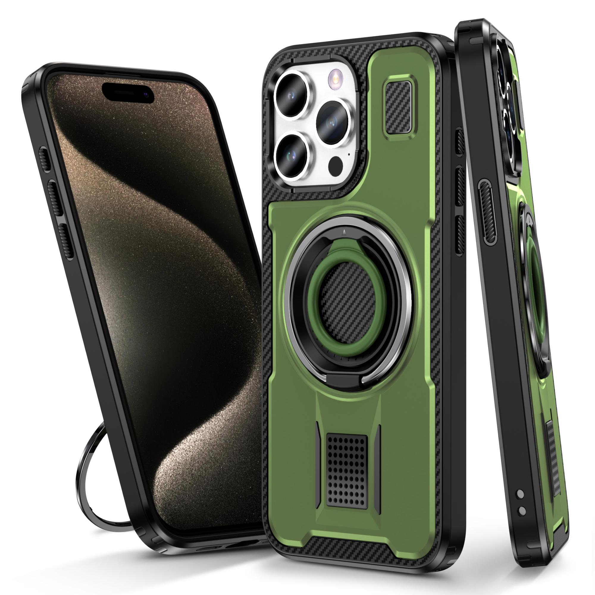 

For iPhone 15 Pro Case TPU+PC Kickstand Phone Cover with Silicone Finger Strap Army Green