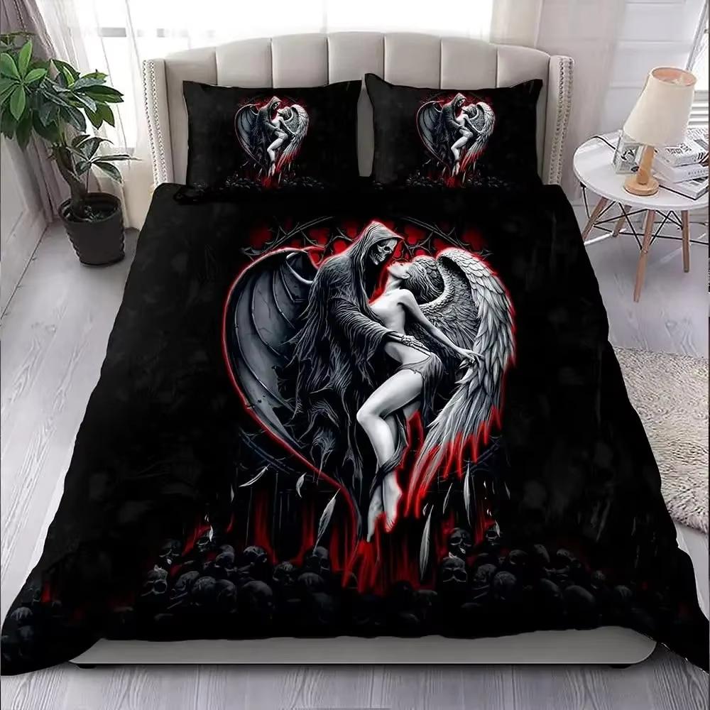 Gothic Skull Duvet Cover Set King Size Angels And Demons Bedding Set With Pillowcases 3 Pcs Perfect For Boys Teens Surprise Gift
