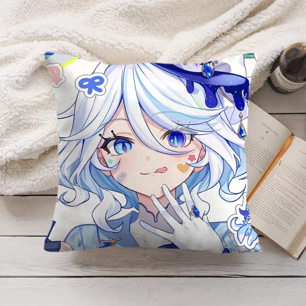 Cute Furina Genshin Impact Cushion Cover Silky Short Plush Invisible Zipper Dustproof Sofa Pillow Case For Home Decor