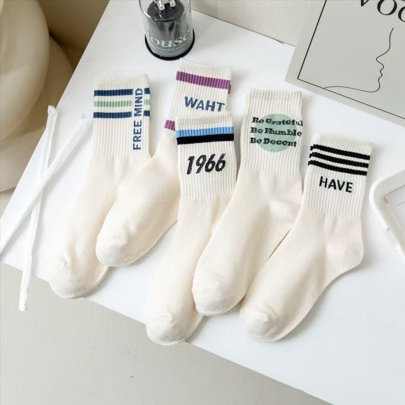 5 Pairs Women Candy Color Splicing Design Socks, Mid-tube Ribbed, Breathable, Sweat-absorbent, High Elastic