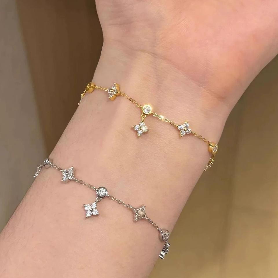 ZAKOL Shiny Zircon Inlaid Four-leaf Flowers Chain Bracelet for Women Niche Simple Desgin Stacked Bracelets Party Accessories