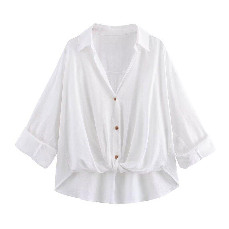 

Fashion Style 2024 Summer New Arrival Women s Clothing Stylish V-neck All-Matching Bow Tie Linen Shirt 7957709 White L