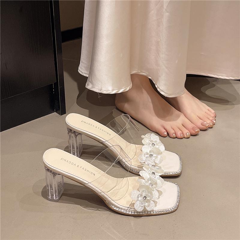 Fashion Summer Outdoor Women's High Heel Slippers Fairy Style Flower Decorated Crystal Sandals Transparent Thick Heel Shoes