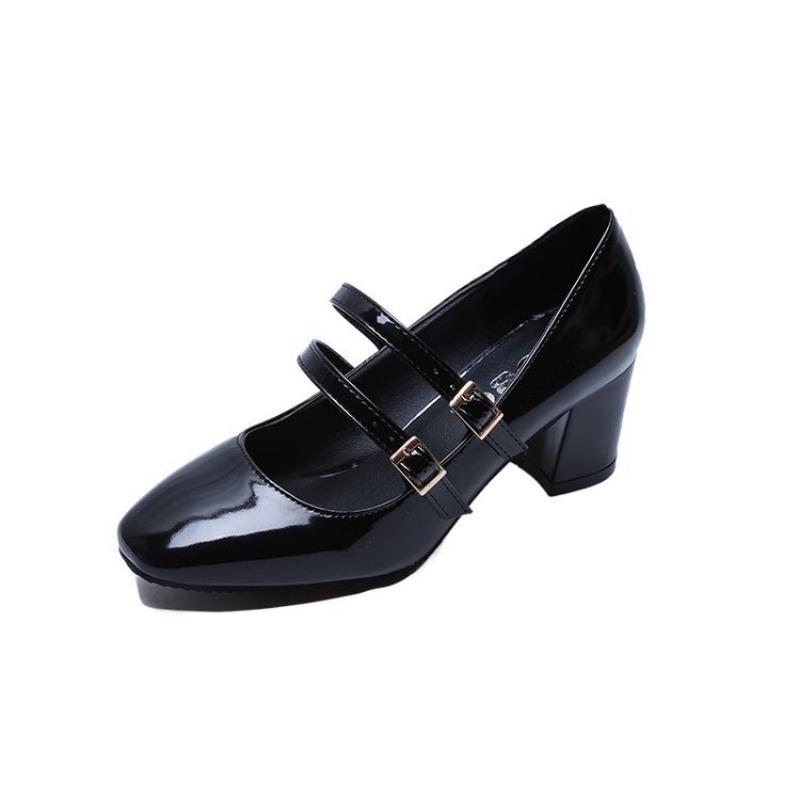 

Spring new square head patent leather shallow mouth belt buckle single shoes women s thick heels high heels low top thin women s shoes 34 чёрный