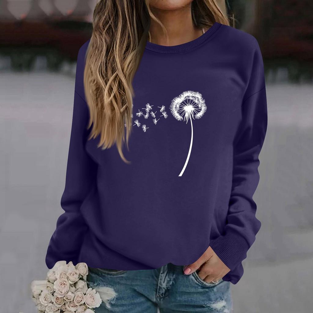 Mote for kvinner, avslappet langermet ensfarget trykket genser med rund hals