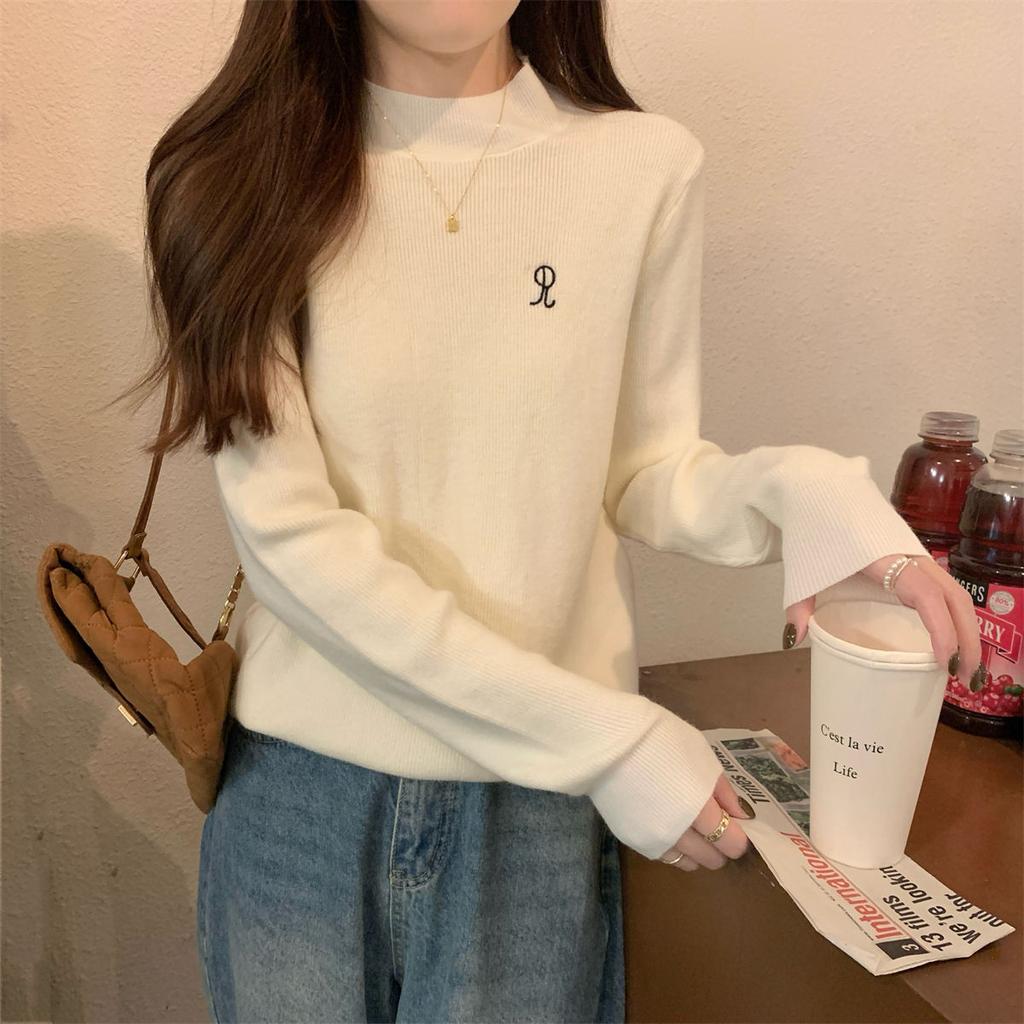 Autumn and Winter New Embroidery Versatile Semi-high Collar Soft Waxy Inner Andy Velvet Knitwear Base Sweater Girl