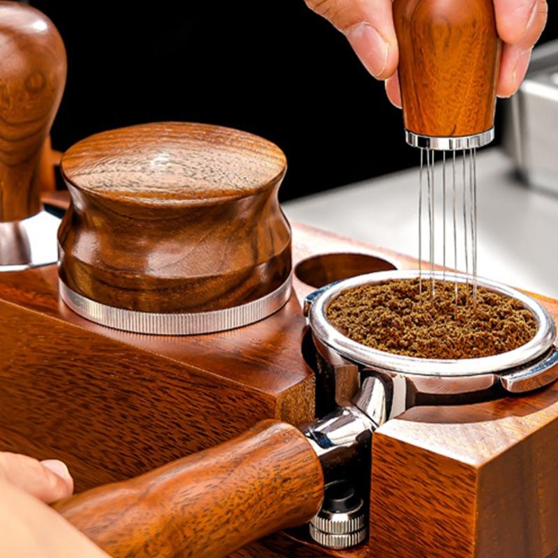 Espresso Tamper Holder Coffee Portafilter Holder with Pads Solid Wood Stand for Coffee Machine Handle and Accessories