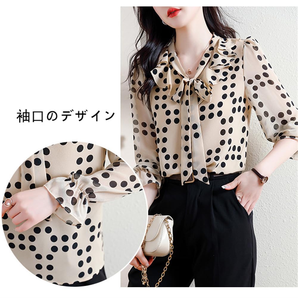 TAITENG Chiffon Long Polka Dot Blouse with Korean Elegant for Office and Commuting Women's Shirt, Sleeve, V-Neck, Print, Ribbon, Fashion, Wear,