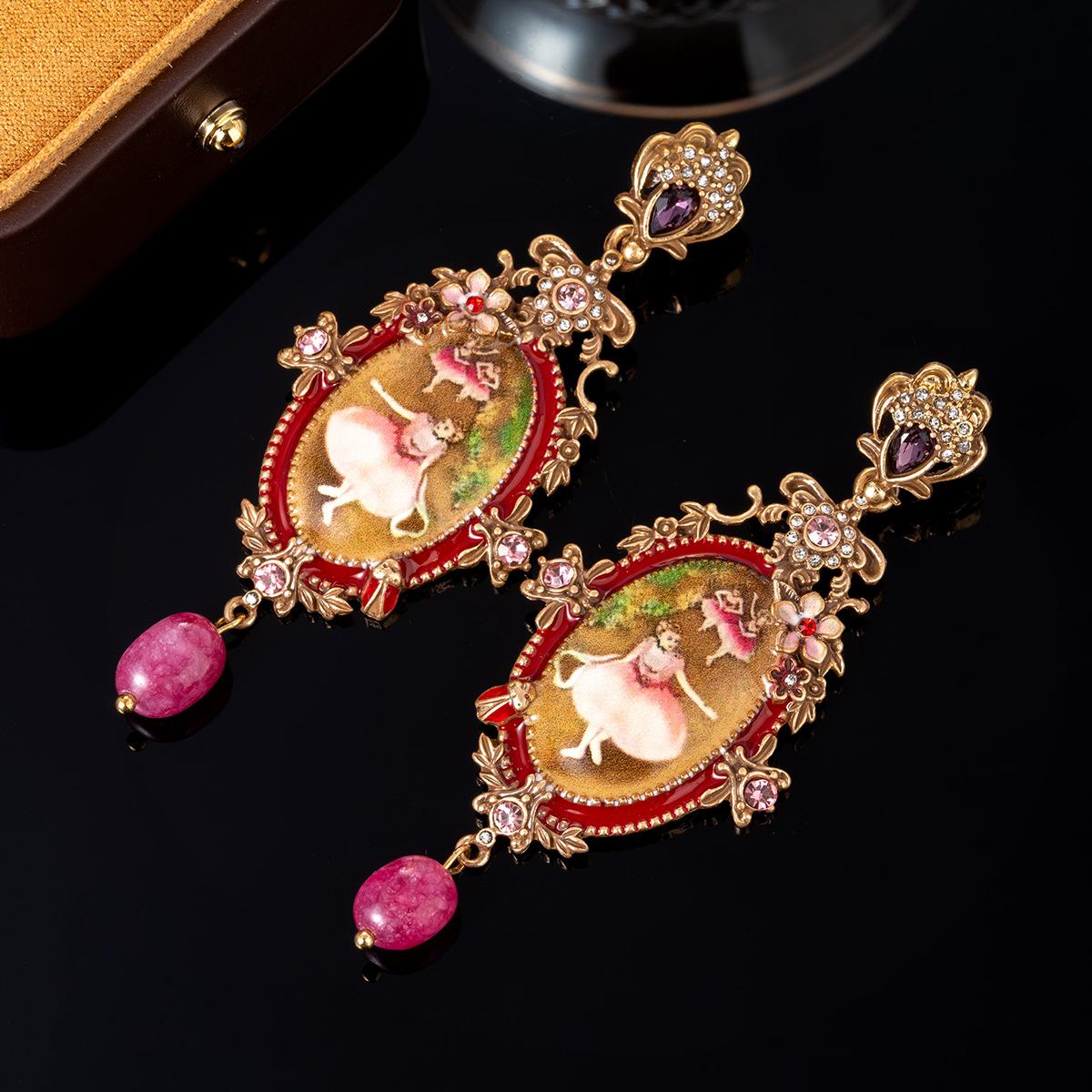 Средневековые винтажные украшения ретро великолепная масляная живопись балерина рельефные западные серьги с гранатом