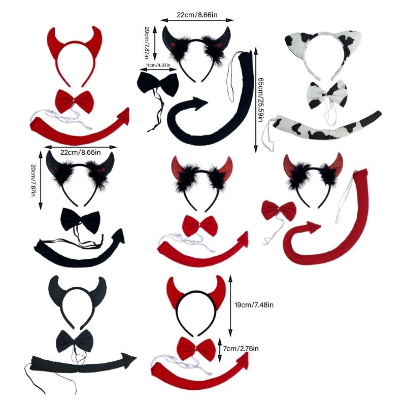 Halloween Cow Costume Animal Dress up Set Includes Cow Horn Headband, Tail, Bowtie for Kid Girl Halloween Cosplay Party