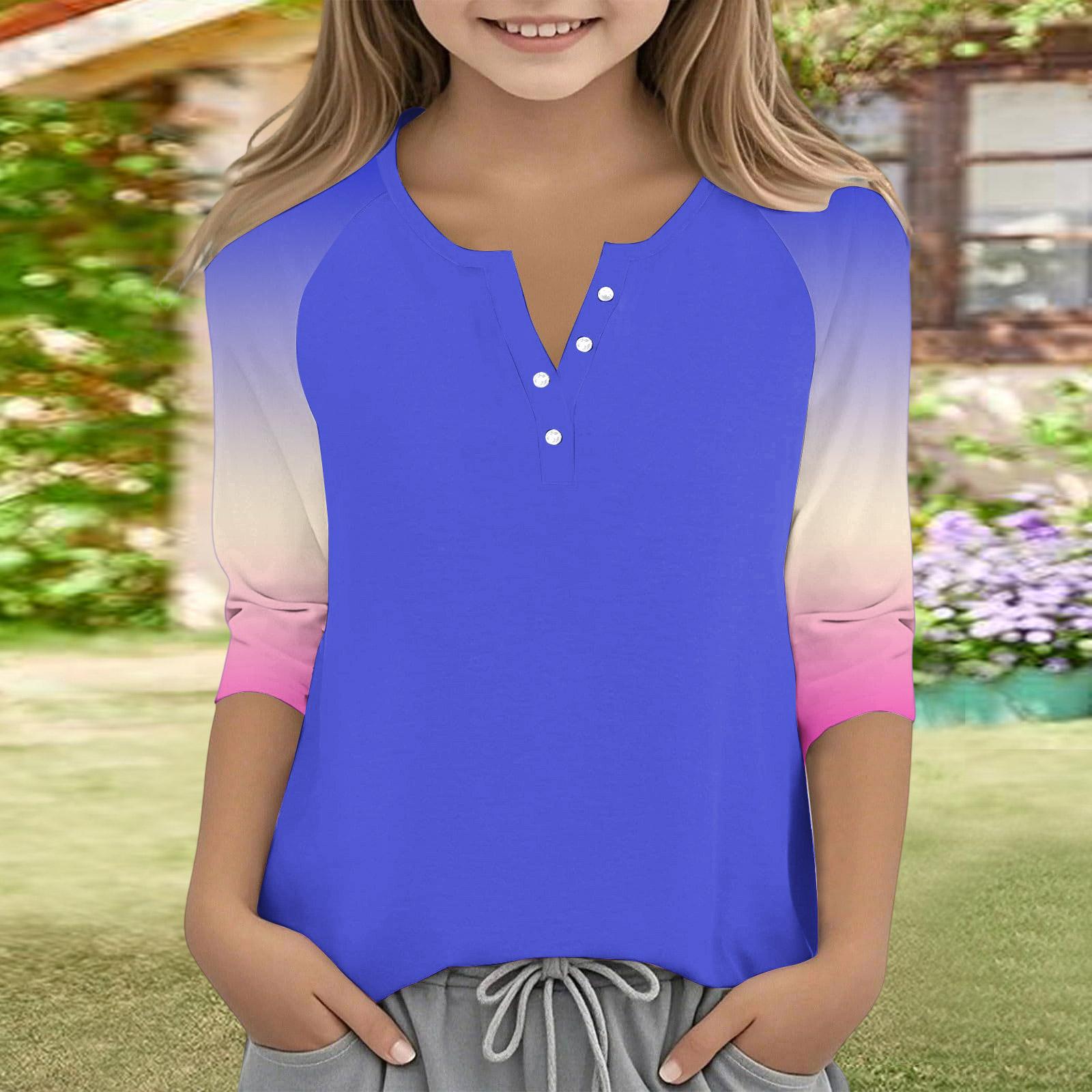 Kids Three Quarter Sleeve Casual Top Button Front Pullover Shirt Lightweight Soft Fabric Comfortable Fit for Everyday Wear 150