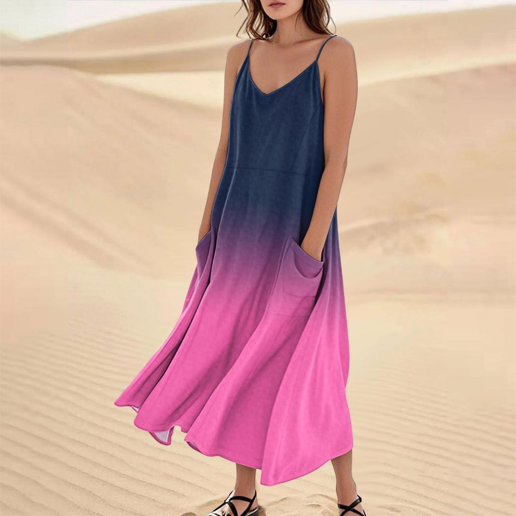 Women's Casual V Neck Gradient Print Sleeveless Pocket Suspender Dress