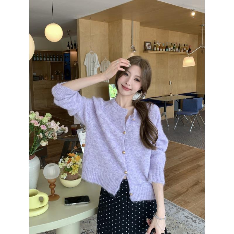 

Autumn and winter new autumn clothes wool blended sweater women s cardigan jacket crew neck knitted sweater with women s top L фиолетовый