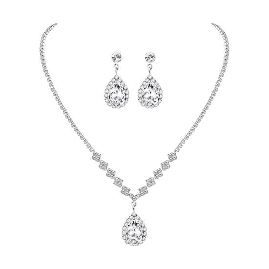 1 set Set de bijuterii pentru femei, colier cu strass, cercei, bal, nunta, mireasă, cercei cu picătură de apă, ocazii formale, bijuterii pentru gât