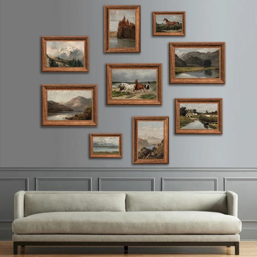 Vintage Rustic Country Horse Mountain Forest Lakescape Art Posters Canvas Painting Wall Prints Pictures for Farmhouse Home Decor