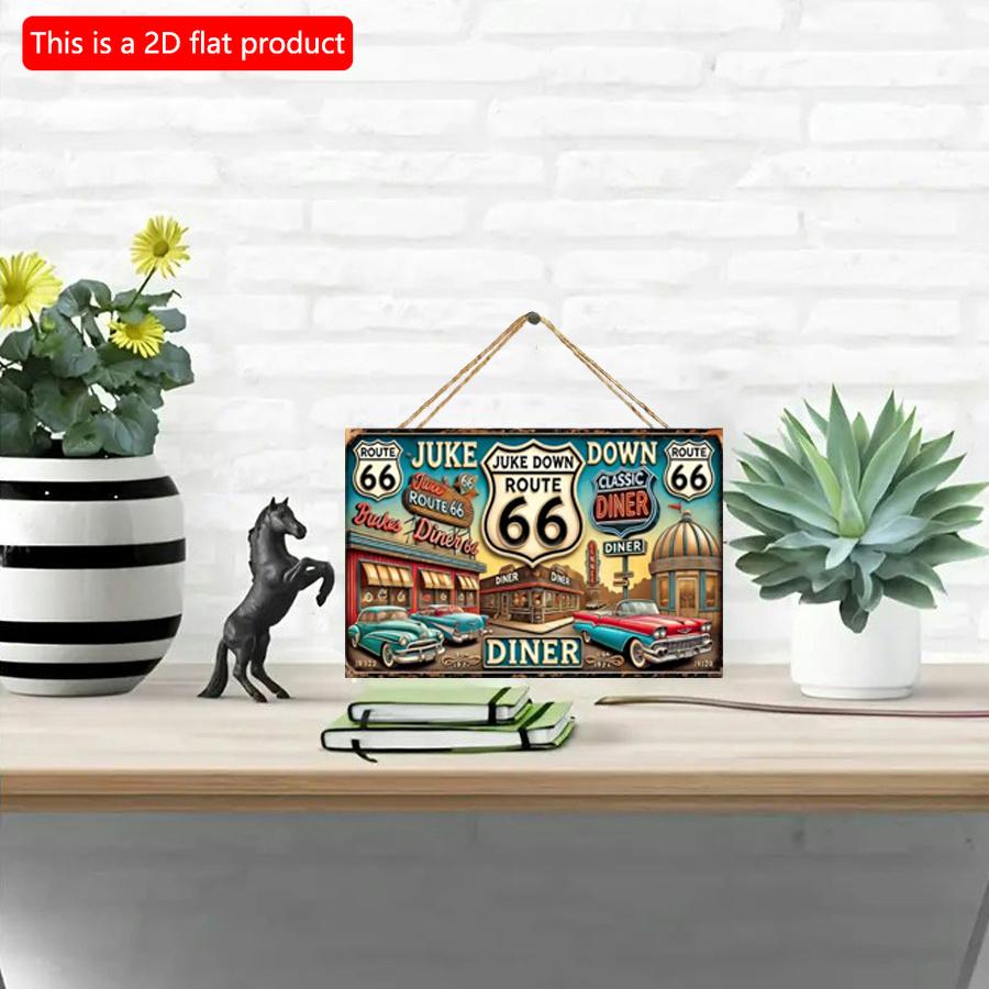 2D flat Wooden 30*20cm Vintage Route 66 Wooden Wall Sign - Retro Jukebox & Classic Diner Decorative Plaque with Flax Rope Hanger for Home, Bar, Cafe