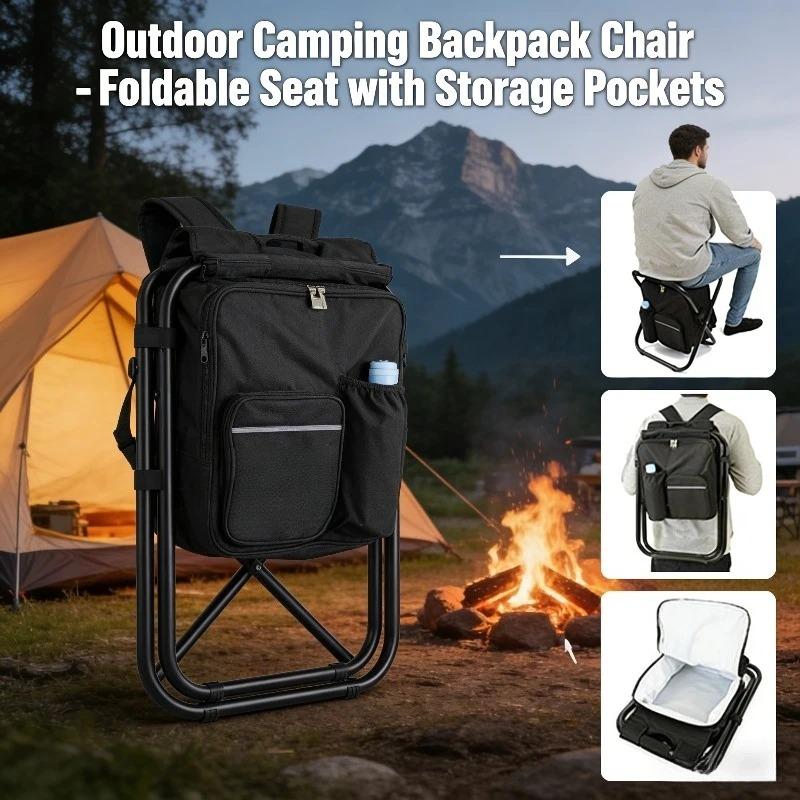 Portable Outdoor Multi-functional Folding Stool Portable Insulated Cooler Bag Backpackable Camping Beach Fishing Chair with Dual-shoulder Straps
