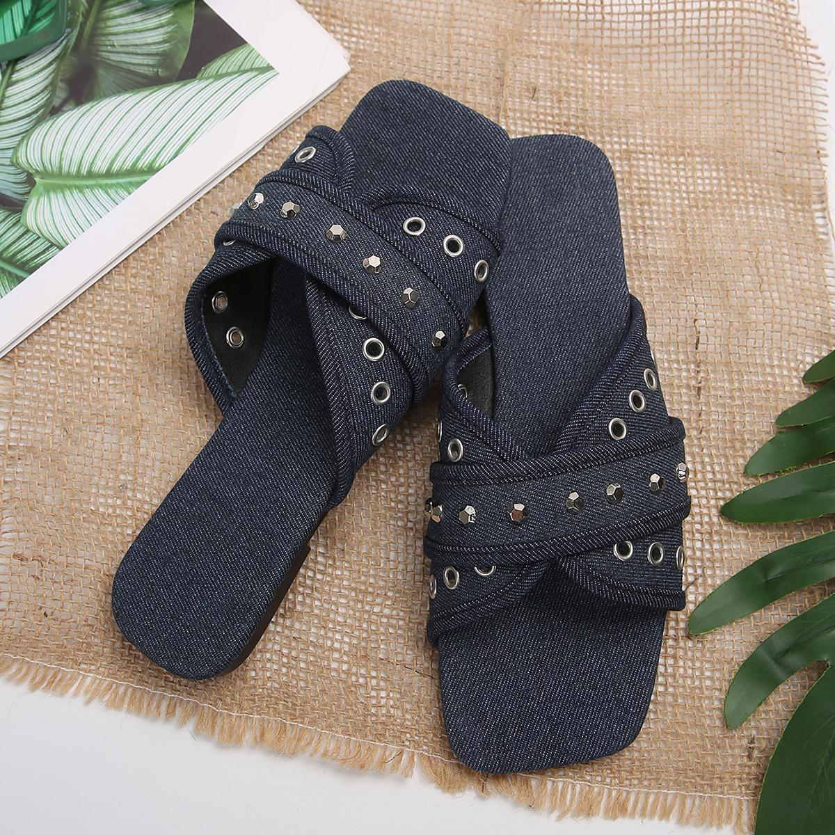 

Модные летние женские тапочки с квадратным носком и низким каблуком для женщин, уличные тапочки с квадратным каблуком, туфли с металлическим украшением 45 темно-синий