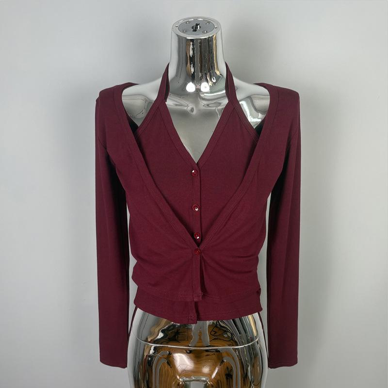 Dongdaemun Elegant Halter Neck Slimming Long Sleeve T-shirt for Women One Size вино красного