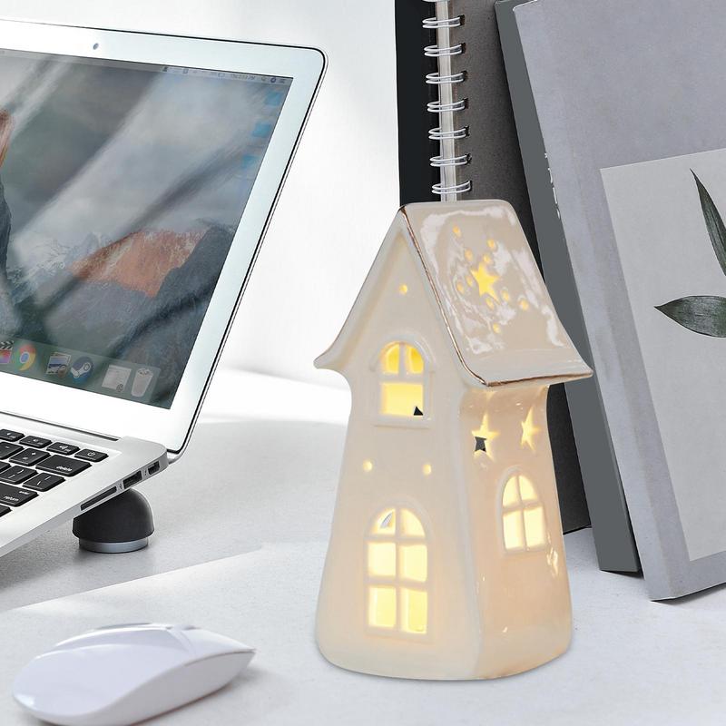 Keramisk Julelandsby Hus Ornament LED Opplyst Juletrehytte Skrivebord Hjem Pynt Julelampe Romdekor