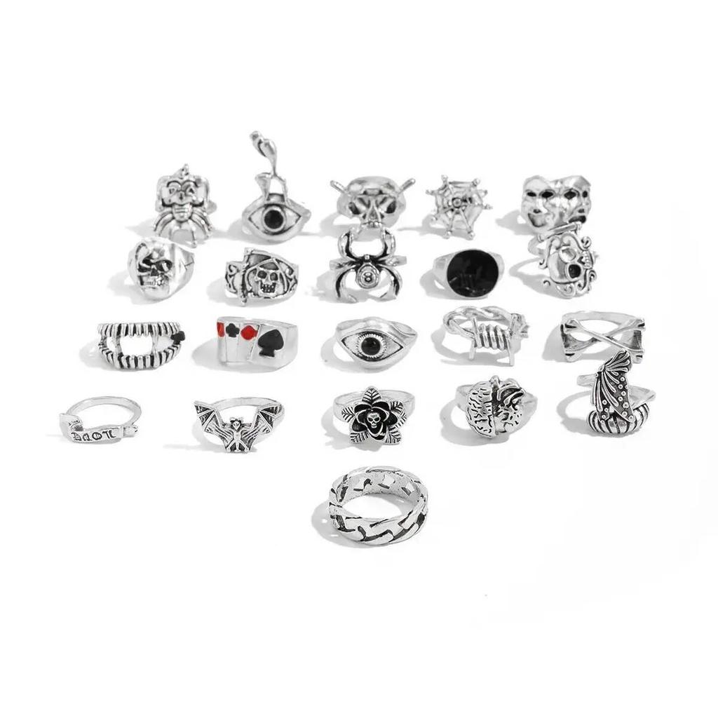IngeSight.Z 21Pcs Goth Creative Skull Spider Stack Ring Men Vintage Punk Silver Color Ring Street Party Jewelry Accessories Gift
