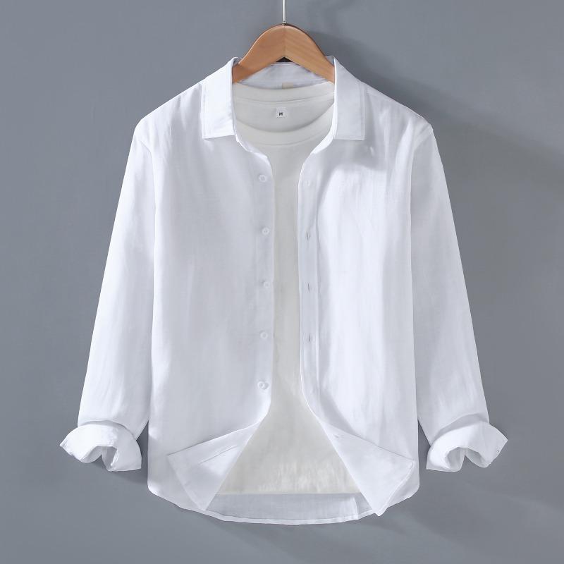 Men's Solid Color Long Sleeve Button Up Shirt Casual Loose Fit Breathable Linen Blend Daily Top